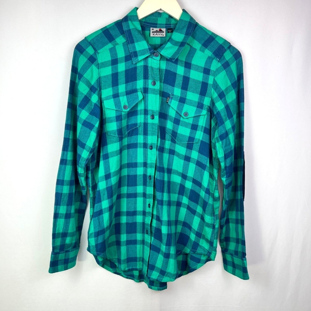 KAVU Women's Flannel Shirt Green Navy Blue Plaid Elbow Patch Cotton Size M